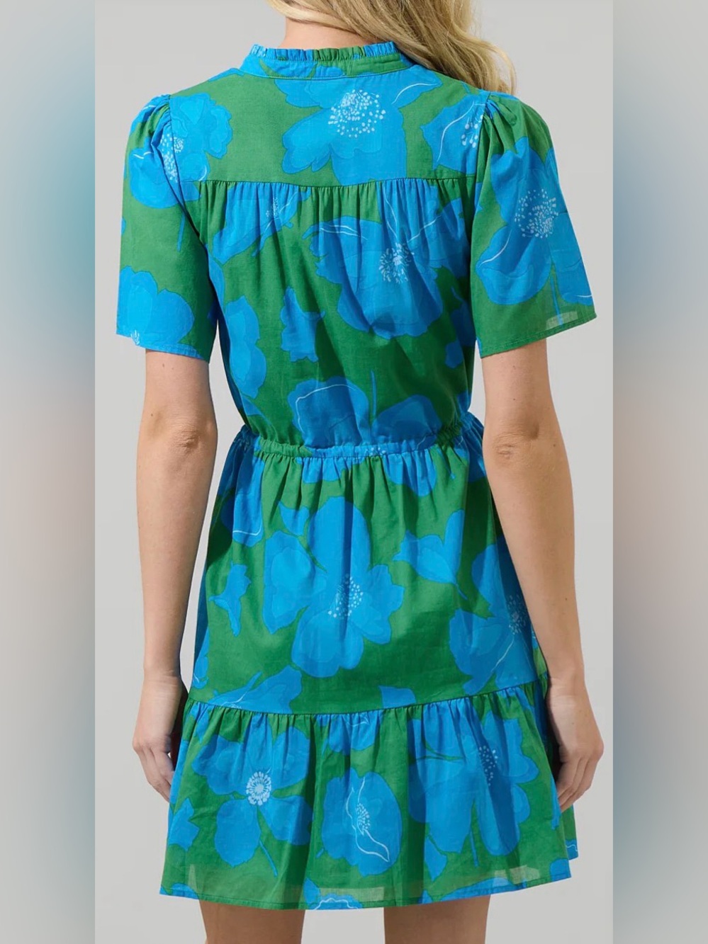 SugarLips Blue Green Floral Mini Dress Button Front Tie Waist Size M - Picture 6 of 9